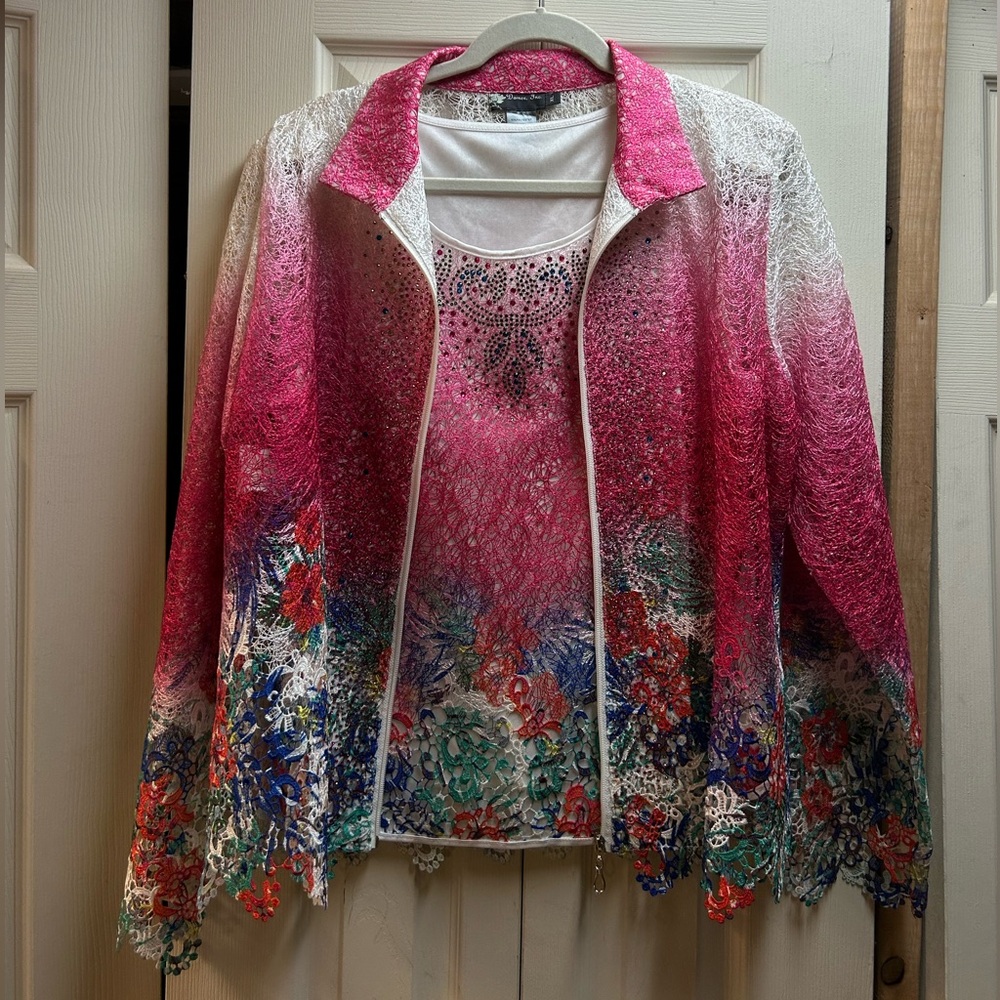 NWT Damee INC Pink and White Lace Jacket and tank